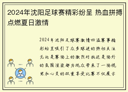 2024年沈阳足球赛精彩纷呈 热血拼搏点燃夏日激情
