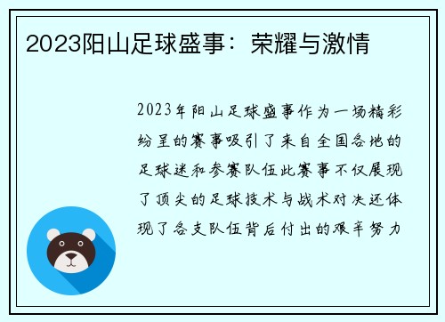 2023阳山足球盛事：荣耀与激情