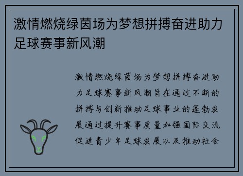 激情燃烧绿茵场为梦想拼搏奋进助力足球赛事新风潮