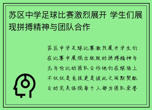 苏区中学足球比赛激烈展开 学生们展现拼搏精神与团队合作