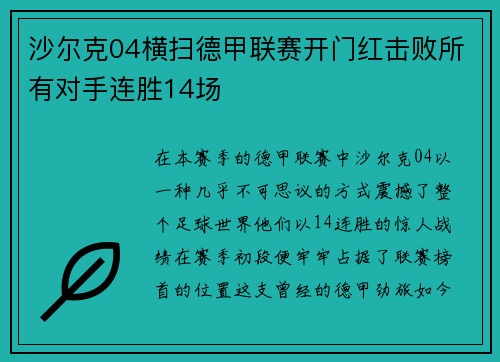 沙尔克04横扫德甲联赛开门红击败所有对手连胜14场
