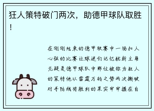 狂人策特破门两次，助德甲球队取胜！