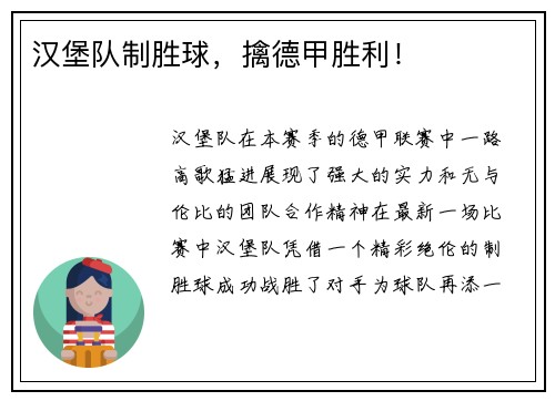 汉堡队制胜球，擒德甲胜利！
