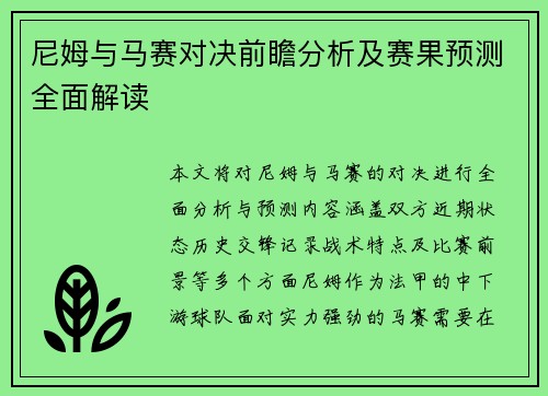尼姆与马赛对决前瞻分析及赛果预测全面解读