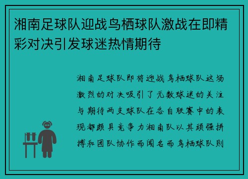 湘南足球队迎战鸟栖球队激战在即精彩对决引发球迷热情期待