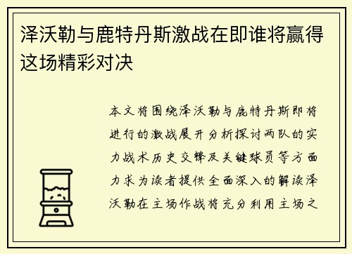泽沃勒与鹿特丹斯激战在即谁将赢得这场精彩对决