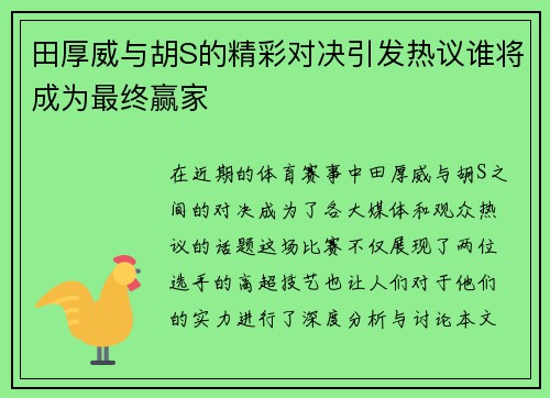 田厚威与胡S的精彩对决引发热议谁将成为最终赢家