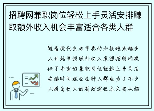 招聘网兼职岗位轻松上手灵活安排赚取额外收入机会丰富适合各类人群