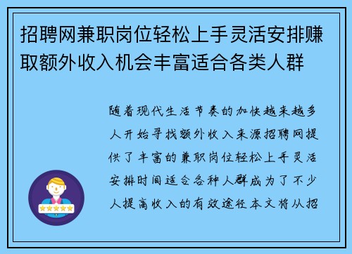 招聘网兼职岗位轻松上手灵活安排赚取额外收入机会丰富适合各类人群