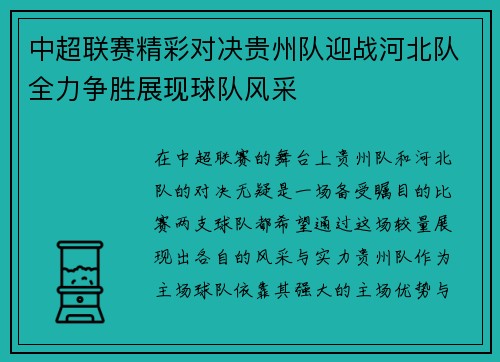 中超联赛精彩对决贵州队迎战河北队全力争胜展现球队风采