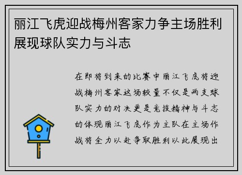 丽江飞虎迎战梅州客家力争主场胜利展现球队实力与斗志