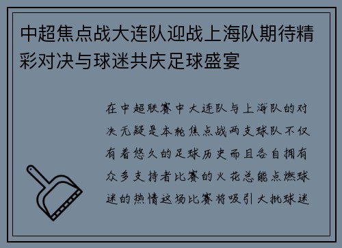 中超焦点战大连队迎战上海队期待精彩对决与球迷共庆足球盛宴