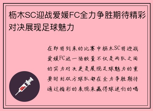 枥木SC迎战爱媛FC全力争胜期待精彩对决展现足球魅力