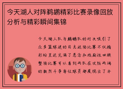 今天湖人对阵鹈鹕精彩比赛录像回放分析与精彩瞬间集锦
