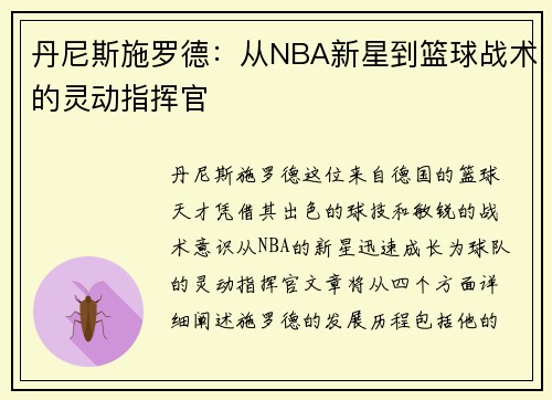 丹尼斯施罗德：从NBA新星到篮球战术的灵动指挥官