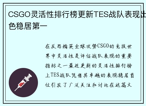 CSGO灵活性排行榜更新TES战队表现出色稳居第一