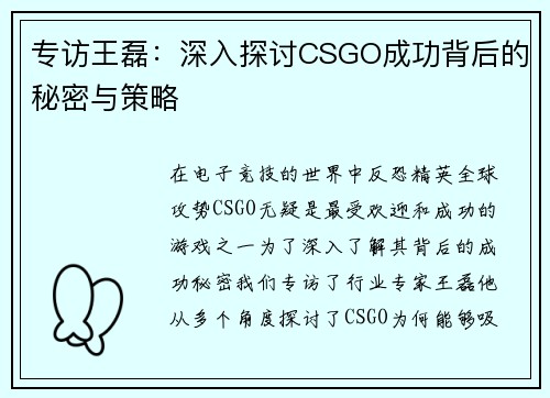专访王磊：深入探讨CSGO成功背后的秘密与策略