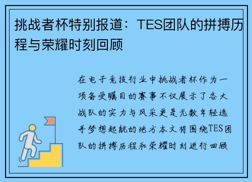 挑战者杯特别报道：TES团队的拼搏历程与荣耀时刻回顾